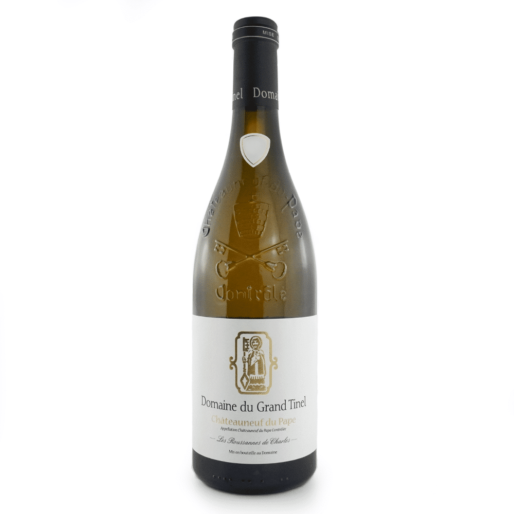 Bouteille de vin blanc du domaine du Grand Tinel, Châteauneuf-du-Pape blanc, Les Roussanes de Charles.