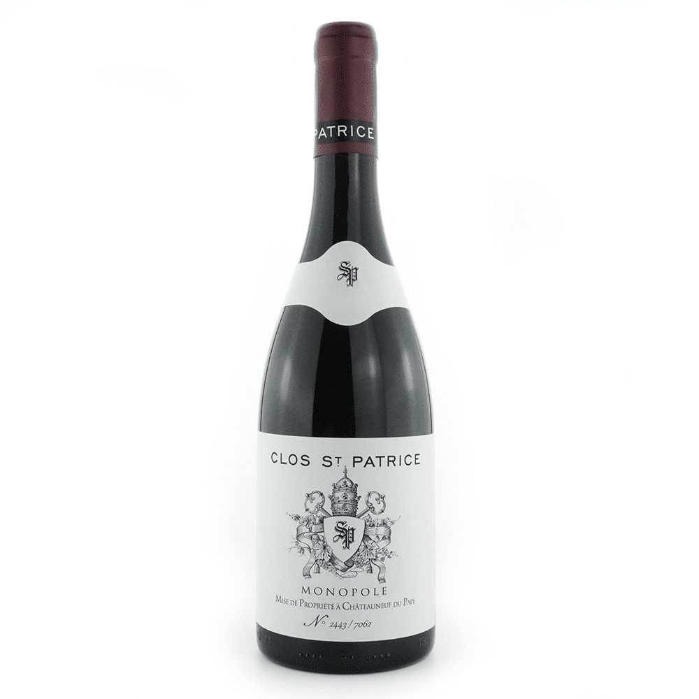 Bouteille de vin rouge du domaine Clos Saint Patrice, Châteauneuf-du-Pape rouge, Monopole.