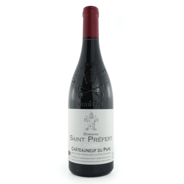 Bouteille de vin rouge du domaine Saint Préfert, Châteauneuf-du-Pape rouge.