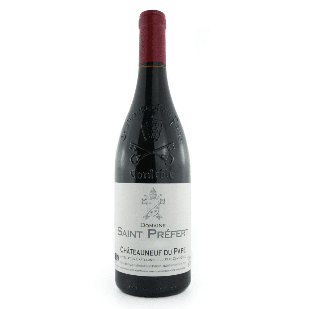 Bouteille de vin rouge du domaine Saint Préfert, Châteauneuf-du-Pape rouge.